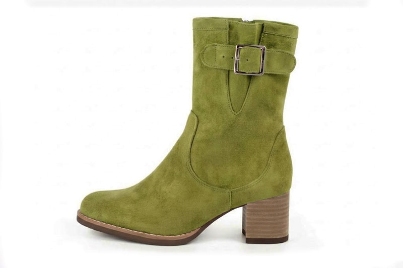 Classic leather ankle boots featuring adjustable side buckles and sleek hardware for secure support and timeless everyday style, in pistachio green leather with round toe and mid block heel - Florence KOOIJMAN